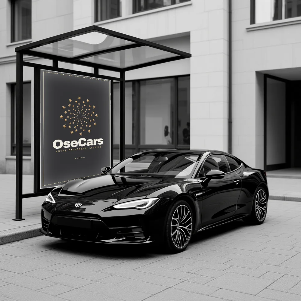 Berline noire devant une enseigne OseCars.