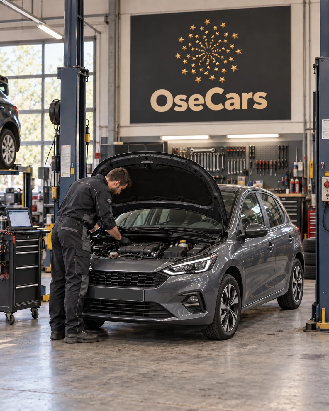 Un mécanicien travaille sur une citadine dans un atelier automobile avec une enseigne OseCars.